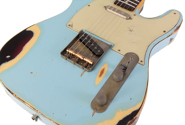 Nash T63 Guitar, Sonic Blue over 3 Tone Sunburst, Heavy Aging