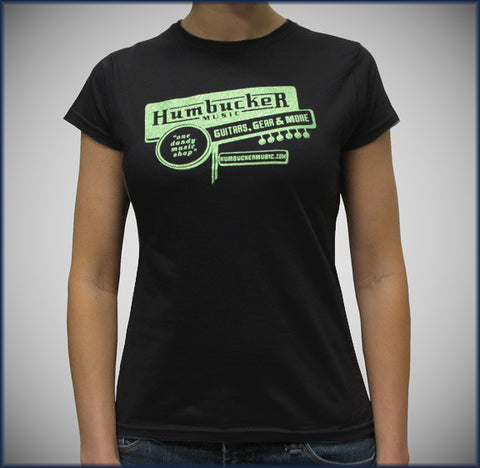 Humbucker Womens Tee - Black w/ Green Sparkle Logo