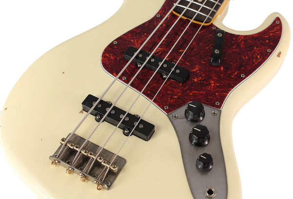 Nash JB63 Bass Guitar, Olympic White, Tortoise Shell, Light Aging