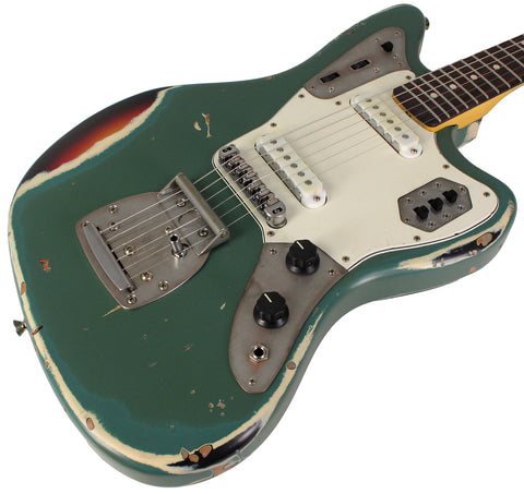 Nash Guitars JG63 Guitar, Army Green over 3 Tone Sunburst, Matching Headstock, Heavy Aging