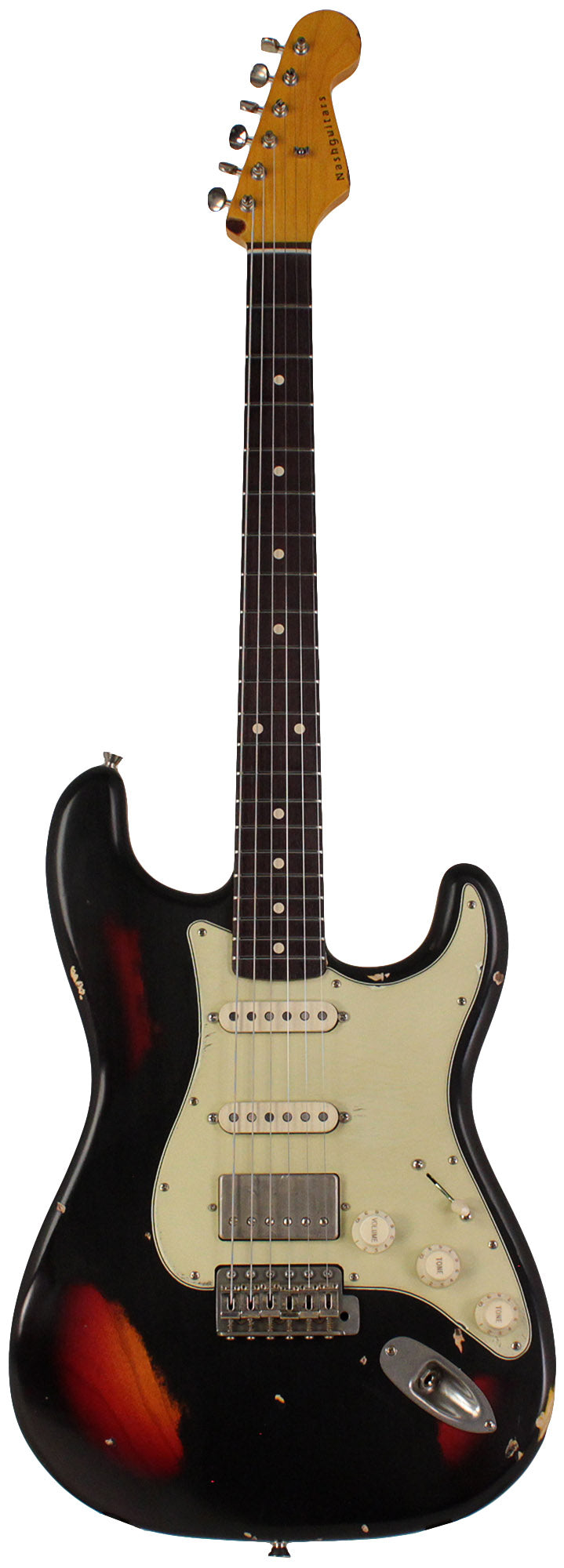 Nash S63 Guitar, HSS, Black over 3 Tone Sunburst, Heavy Aging