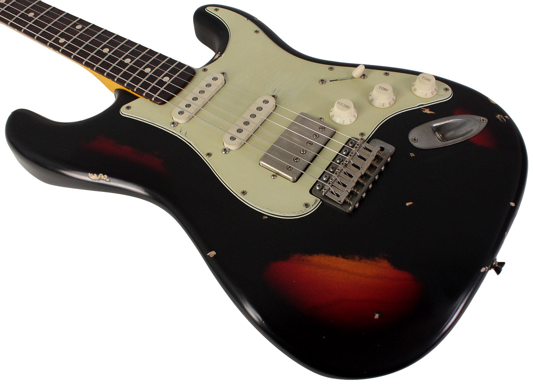 Nash S63 Guitar, HSS, Black over 3 Tone Sunburst, Heavy Aging