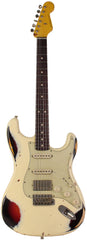 Nash S63 HSS Guitar, Aged Olympic White over 3 Tone Sunburst, Heavy Aging