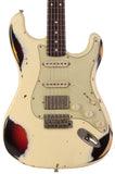 Nash S-63 HSS Guitar, Aged Olympic White over 3 Tone Sunburst, Heavy Aging