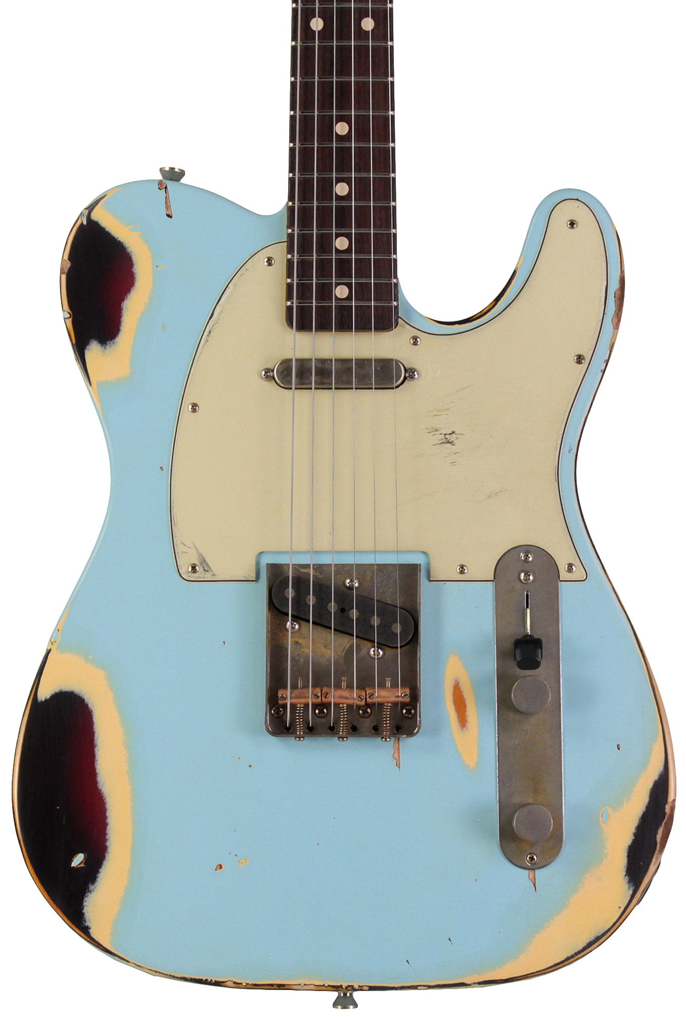 Nash T63 Guitar, Sonic Blue over 3 Tone Sunburst, Heavy Aging
