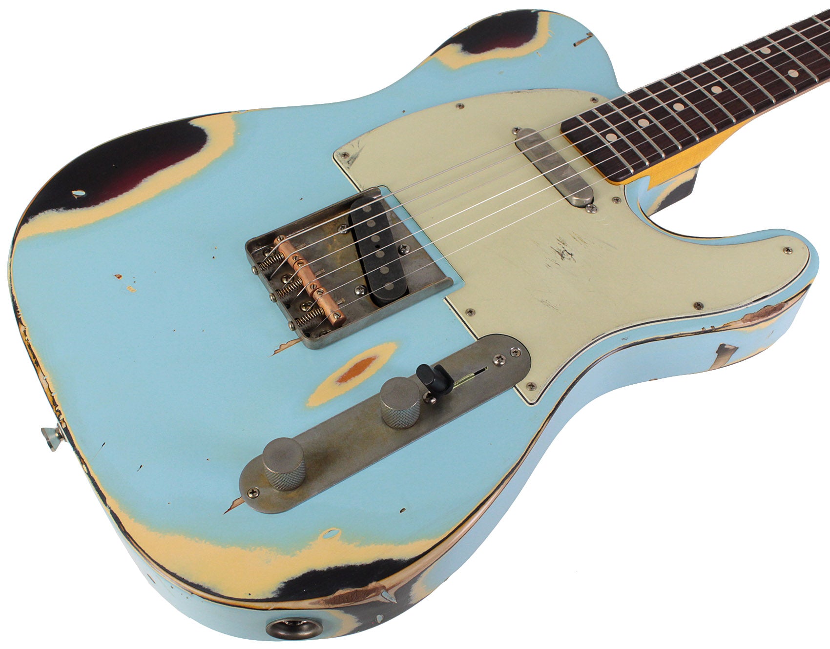 Nash T63 Guitar, Sonic Blue over 3 Tone Sunburst, Heavy Aging