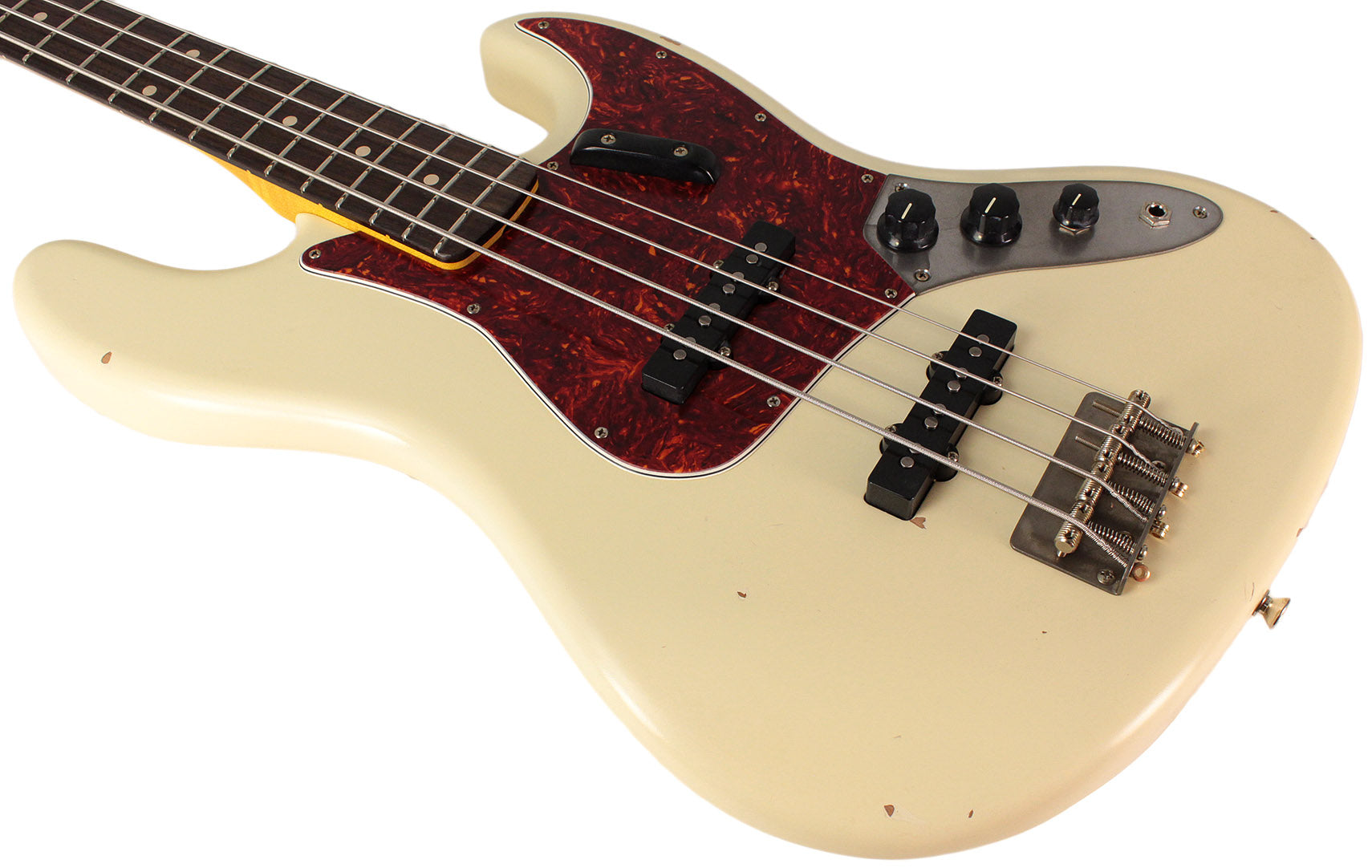 Nash JB63 Bass Guitar, Olympic White, Tortoise Shell, Light Aging