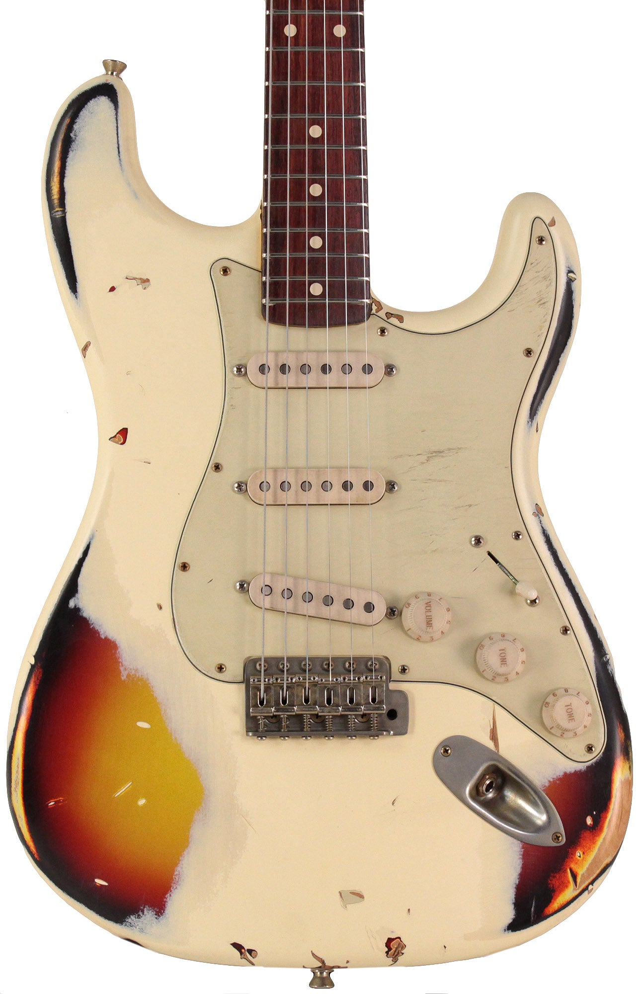 Nash S63 Guitar, Aged Olympic White over 3 Tone Sunburst