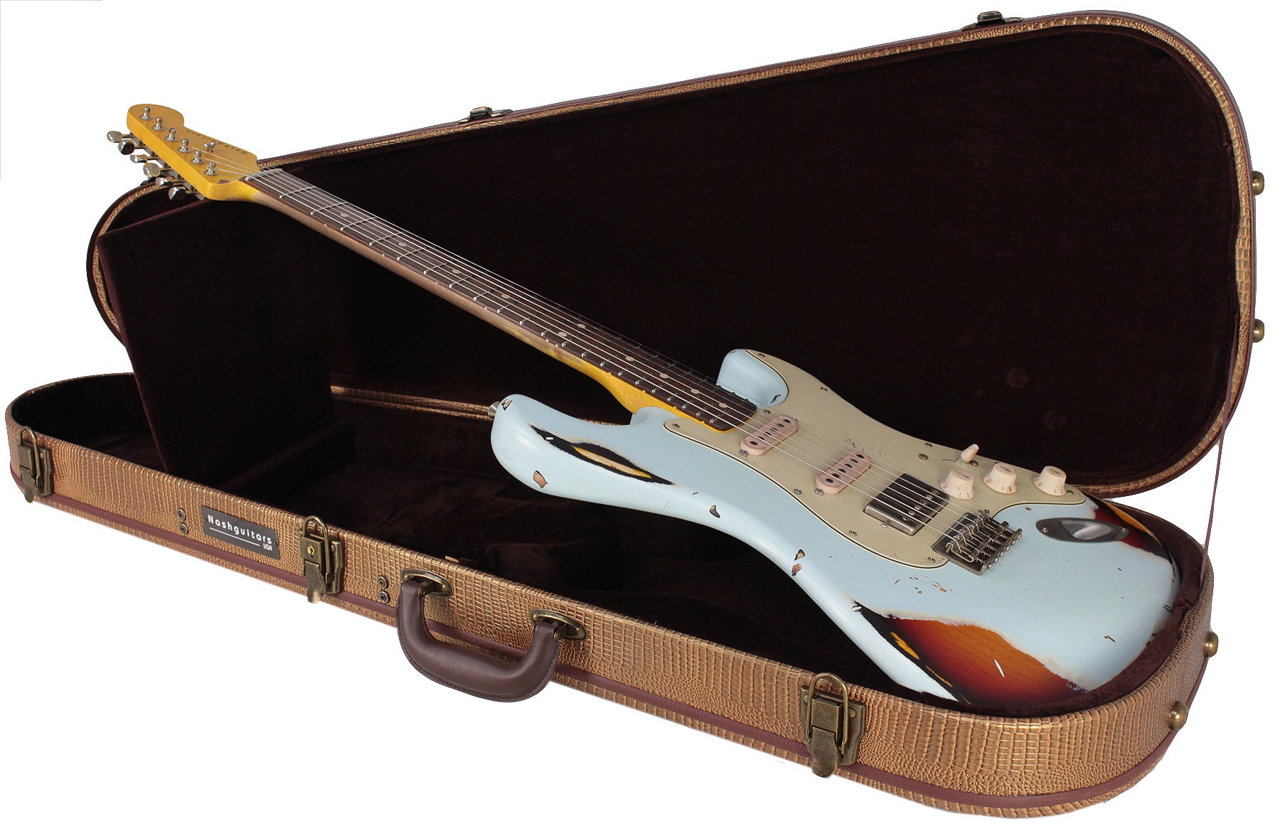 Nash S63 Guitar, Sonic Blue over 3 Tone Sunburst, Hardtail, HSS