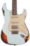 Nash S-63 Guitar, Sonic Blue over 3 Tone Sunburst, Hardtail, HSS