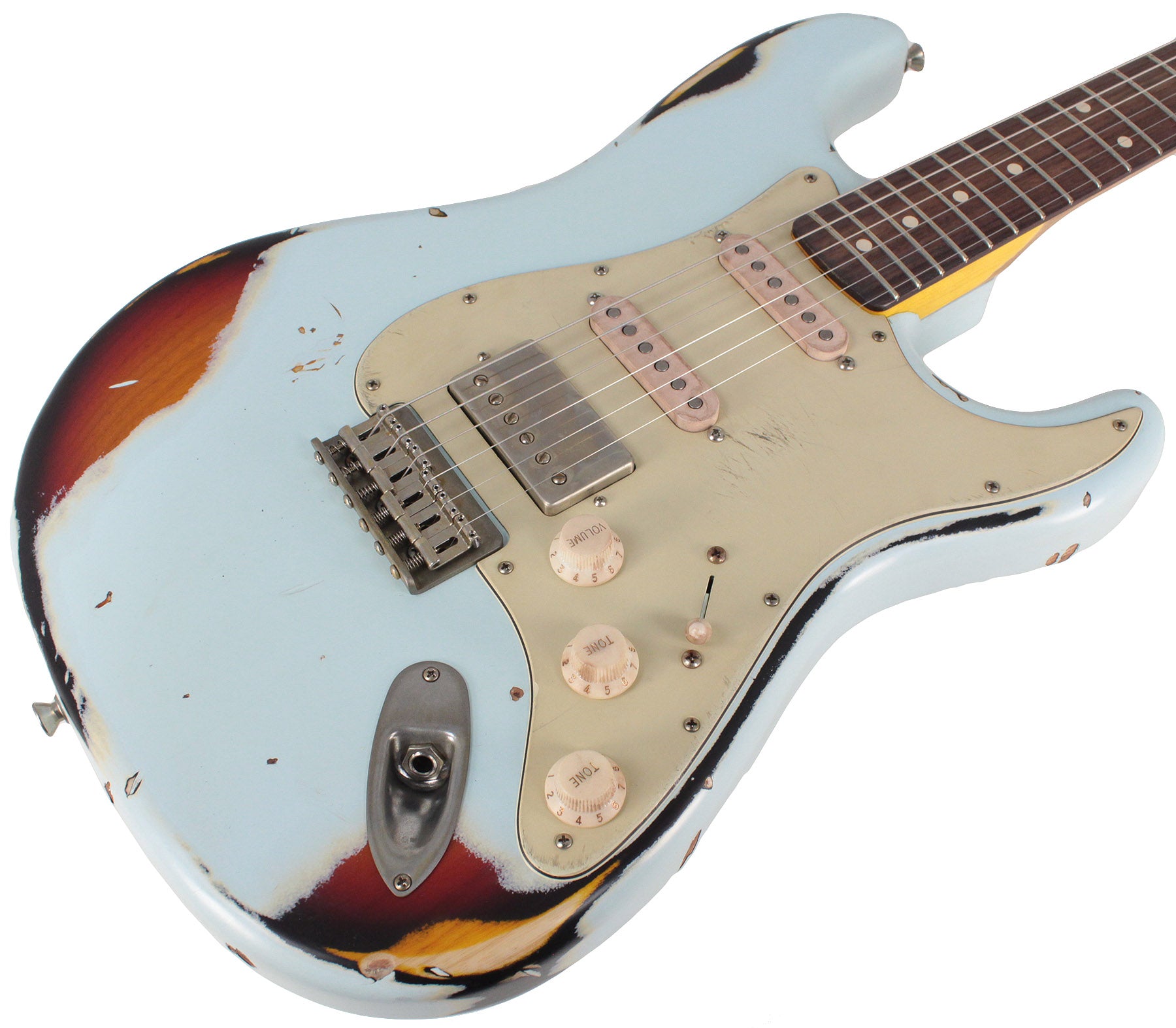 Nash S63 Guitar, Sonic Blue over 3 Tone Sunburst, Hardtail