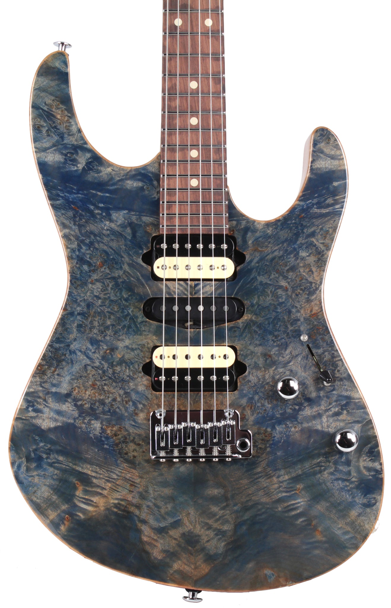 Suhr Modern Select Guitar, Trans Blue Denim Slate, Burl